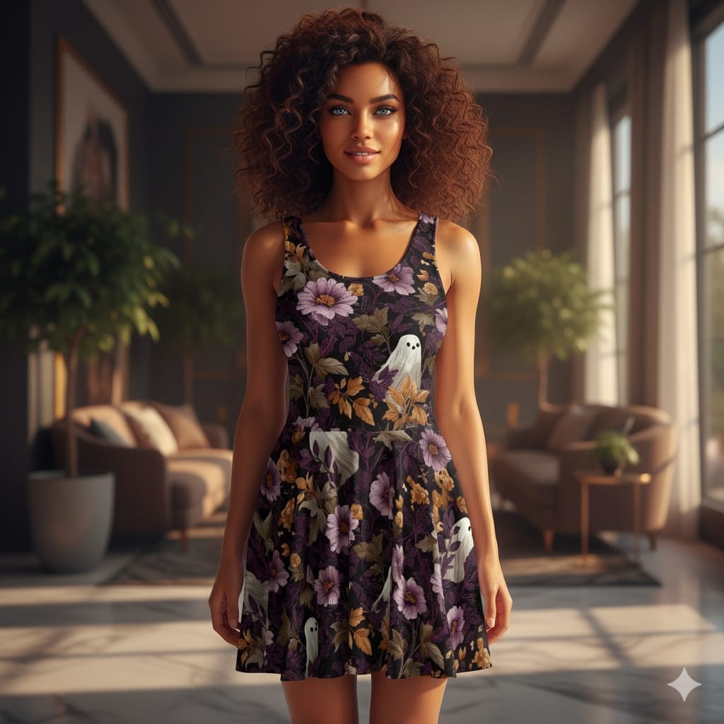 Witching Hour Threads - Midi Skater Dress - Flowers and Ghosts