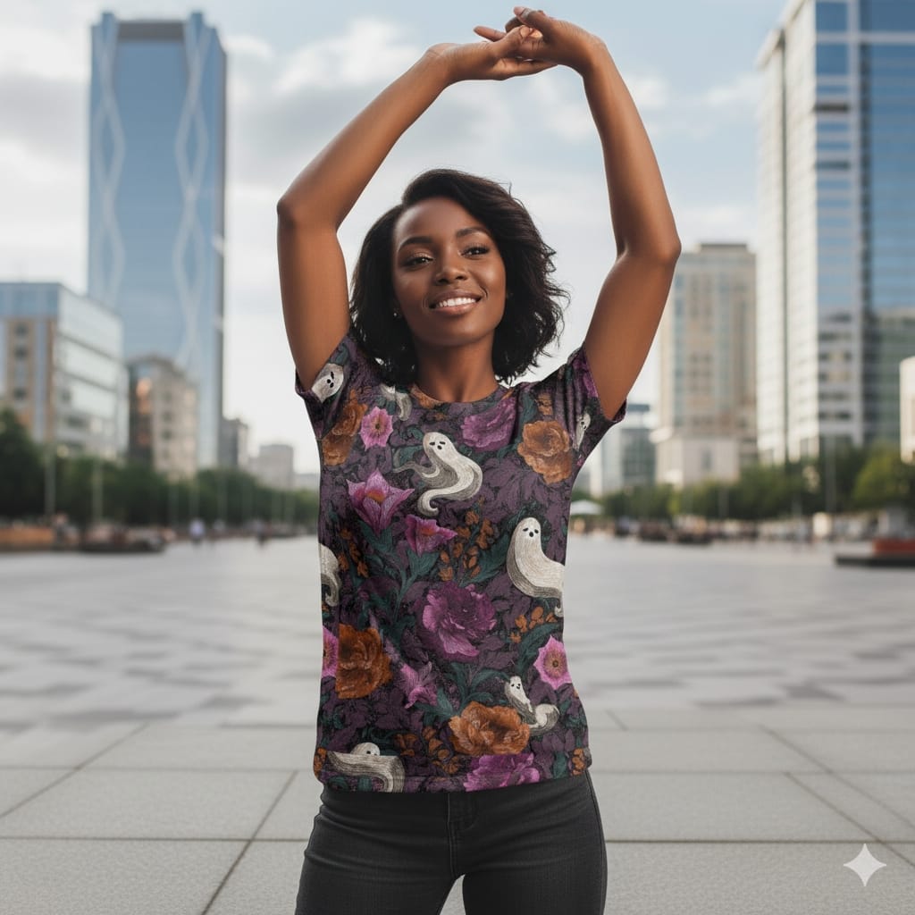 Witching Hour Threads - Women's Crew Neck T-shirt - Ghosts and Flowers