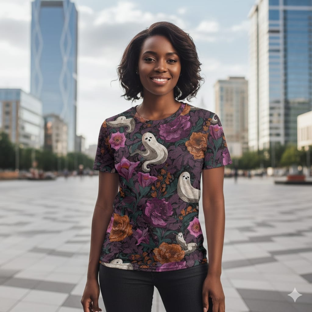 Witching Hour Threads - Women's Crew Neck T-shirt - Ghosts and Flowers