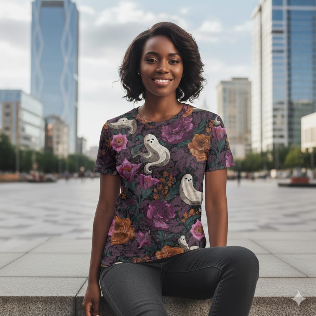 Witching Hour Threads - Women's Crew Neck T-shirt - Ghosts and Flowers